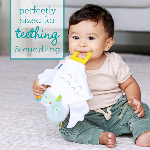 Infantino Glow-in-The Dark Cuddly Teether - Owl Soft Toy with 3 Textured Teethers, Fiddle Flags, Crinkle Sounds, Soft Material, On The Go Toy...