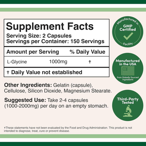 Glycine Supplement - 1,000mg Glycine Powder per Serving (300 Capsules) The Relaxing Amino Acid (Glicina) (Third Party Tested, Gluten Free, Non-GMO...