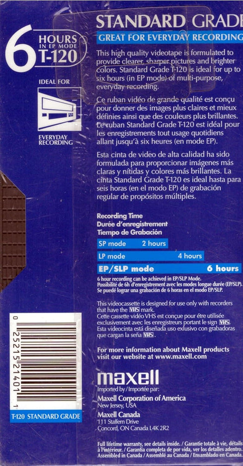 Maxell All-Purpose Standard Grade 6 Hour VHS Videotape Cassette...