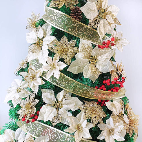 Supla 24 Pack Christmas Gold Glitter Poinsettia Flowers Picks Christmas Tree Ornaments 5.9" Wide for Gold Christmas Tree Wreaths Garland Holiday S...