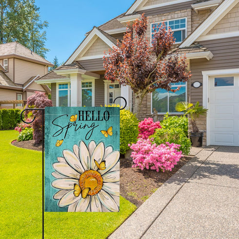 Hello Spring Daisy Flower Garden Flag Double Sided, Floral Butterfly Decorative Yard Outdoor Home Small Decor, Summer Farmhouse Burlap Outside Hou...