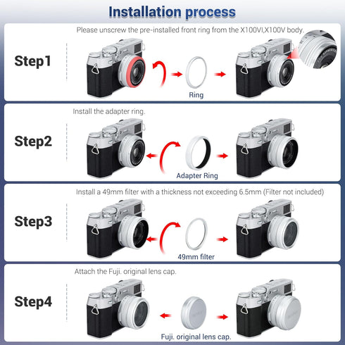 Deluxe Lens Filter Adapter Ring for Fujifilm X100VI X100V X100F X100T X100S X100 X70 Camera Install 49MM UV CPL ND Filter & Fuji FLCP-49 lens Cap,...
