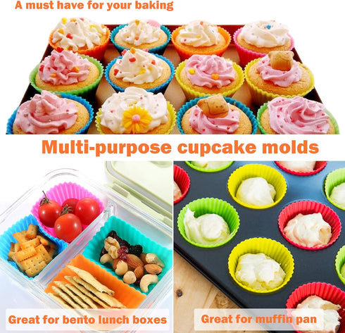 IPOW 24 Pack Silicone Cupcake Baking Cups Reusable Food-Grade BPA Free Non-Stick Muffin Liners Molds Sets, 2 Shapes Round Rectangle...