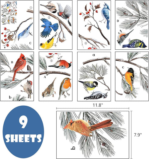 Yovkky Winter Bird Pine Tree Branch Window Clings 9 Sheet, Cardinal Bullfinch Chickadee Robin Glass Sticker Decal Snow Christmas Decor Home Kitche...