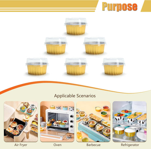 Aluminum Cups with Lids, 4.2oz 50Pcs Gold Disposable Cake Pans with Lids, Creme Brulee Cups, Mini Cake Pans for Party, Wedding, Birthday...