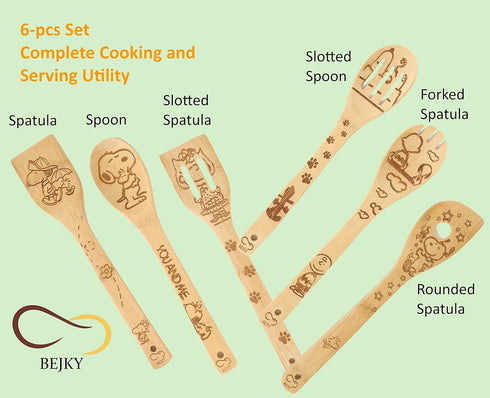Bejky 6-Pcs Wooden Bamboo Spoons Set - Organic Food Cooking Utensils - Kitchen Accessories and Home Decor - Cookware Gifts for Women - Nonstick Ea...