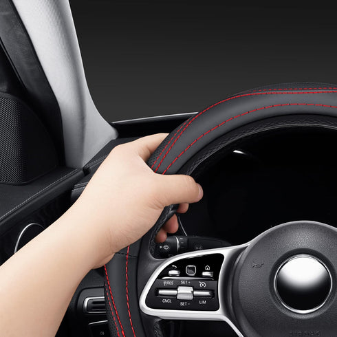 Microfiber Leather 15" Universal Fit Car Steering Wheel Cover, Elastic Breathable and Odorless, Black with Red Accent...