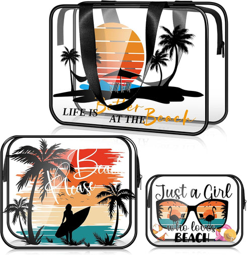 3 Pcs Beach Clear Makeup Bag, Beach Cosmetic Bags Seaside Clear Toiletry Bag Transparent PVC Waterproof Zipper Pouch Travel Organizer Storage Bag ...