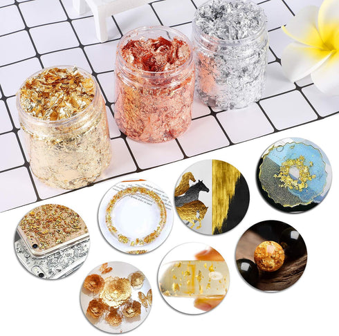 Gold Foil Flakes for Resin,3 Bottles Metallic Foil Flakes 30 Gram,YULIKTOR Imitation Gold Foil Flakes Metallic Leaf for Nails, Painting, Crafts,Sl...