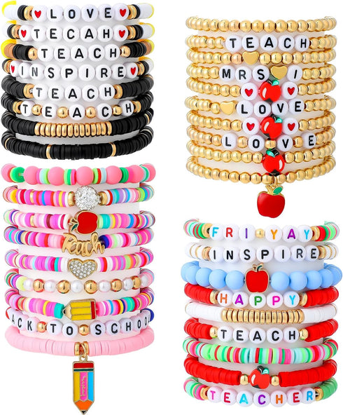 36 Pcs Back to School Teacher Appreciation Gifts Heishi Bracelets Bulk for Women Stackable Preppy Bracelets Teach Love Inspire Thank You Gifts for...