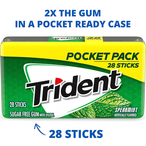 Trident Spearmint Sugar-Free Chewing Gum, 6 Pocket Packs of 28 Pieces (168 Total Pieces)...