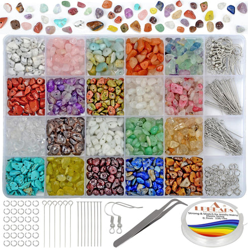 LPBeads Jewelry Making Kit 1200 PCS Natural Crystal Beads in 20 Colors Gemstone, Jump Rings, Earring Hooks, Pins, Elastic Bracelet String for Girl...