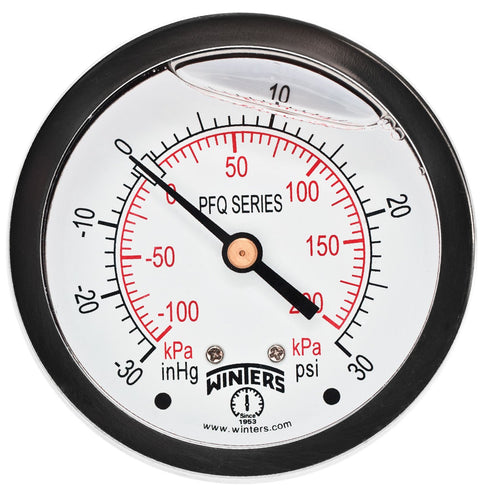 Winters 2-1/2" Dial Size, Liquid Filled Industrial Pressure Gauge, Brass Internals, 304 Stainless Steel Case, Dual Scale 30" Hg-0-30 psi/kPa, 1.5%...