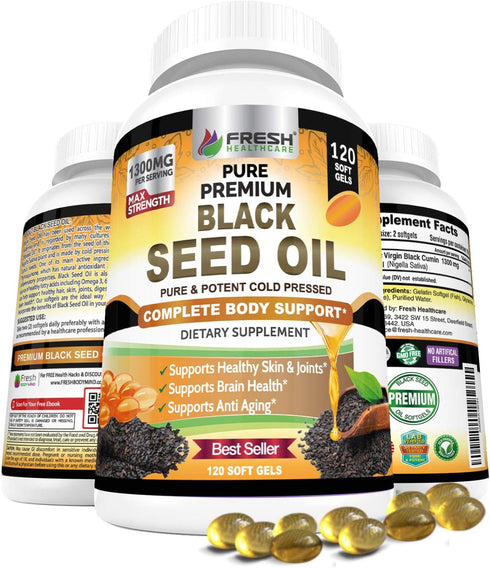 FRESH HEALTHCARE Black Seed Oil Capsules Cold Pressed 1300mg - 100% Pure Non-GMO Nigella Sativa - Immune & Joint Support - Premium Softgel Supplem...