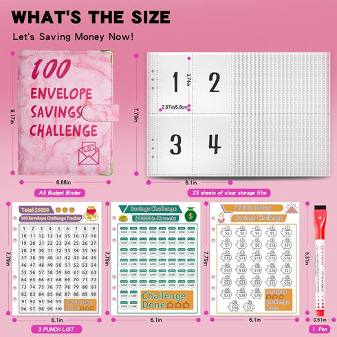 100 Envelopes Challenge Binder Savings Challenges Book, A5 Money Saving Planner Cash Envelope Budget Binder with Erasable Pen, Easy and Fun Way to...
