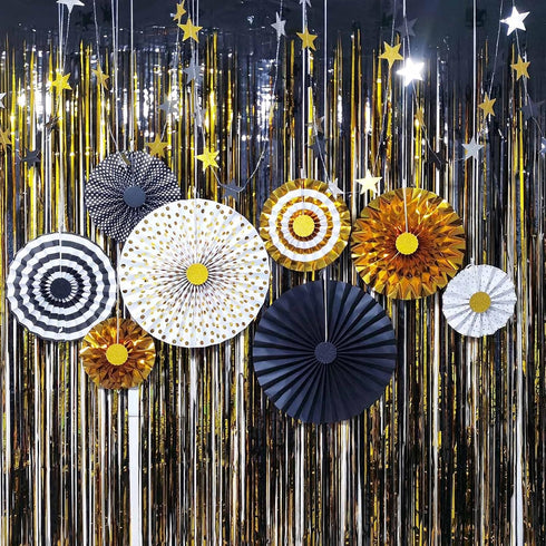 Gold Black Paper Fans Flower for Halloween Party Decorations,black2,Set of 8...