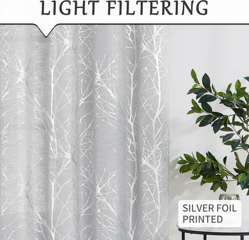 FMFUNCTEX Linen Semi Sheer Curtains for Bedroom and Living Room - Silver Foil 63 Inches Long, Metallic Print Grey Tree Panel for Windows, Light Fi...
