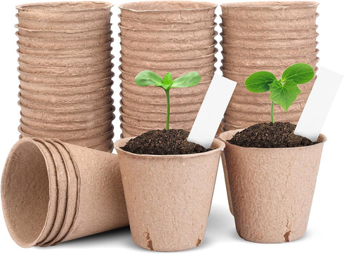 Peat Pots for Seedlings 3.15 Inch, Biodegradable Round Seed Starter Pots with 10 Plant Labels for Garden Germination, Nursery Pot with Drainage Ho...