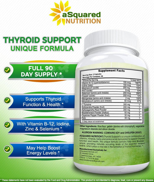 aSquared Nutrition Premium Thyroid Support Supplement with Iodine (180 Capsules) - Best Herbal & Vitamin Complex Pills w/ B12, Ashwagandha, Bladde...
