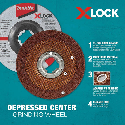 Makita E-00430 X-LOCK 4-1/2" x 1/4" x 7/8" Type 27 General Purpose 36 Grit Abrasive Grinding Wheel for Metal & Stainless Steel Grinding...