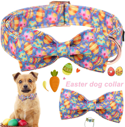 ARING PET Easter Dog Collar-Cute Easter Eggs Dog Collar with Bow, Adjustable Cotton Purple Easter Pet Collar Puppy Collars with Metal Buckle...