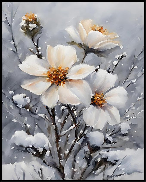 Posterizer 1 pcs-dainty flowers in snowy nature -oil painting style-1-Floral & Botanical Art-Landscape & Nature Art-Living Room Bedroom Decor- unf...