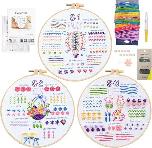 Sekonow 3 Sets Embroidery Kit for Beginners with 3 Hoops, 33 Different Stitches with Patterns, Craft Needlepoint Embroidery Starter Kit for Adults...