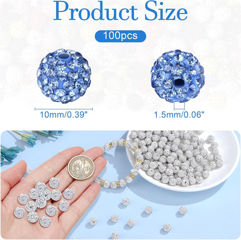 QINJIEJIE 100pcs 10mm Light Blue Rhinestone Beads for Crafting Blue Clay Beads Crystal Beads Round Disco Ball?Blue Beads Baseball Beads for Neckla...
