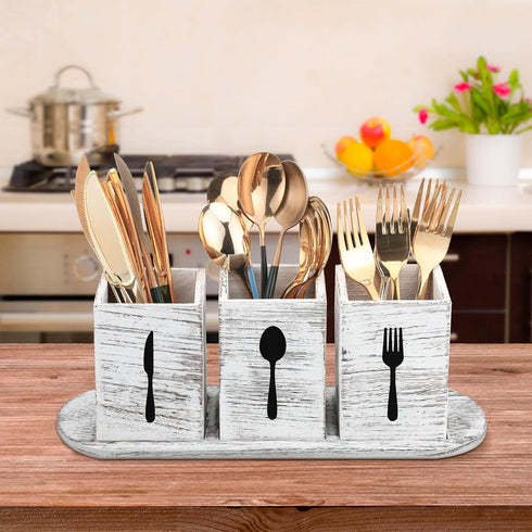 Kathfly 4 Pcs Silverware Caddy Utensil Holder for Countertop Silverware Organizer with Wood Tray Spoon Fork Holder for Kitchen Parties(Retro White...