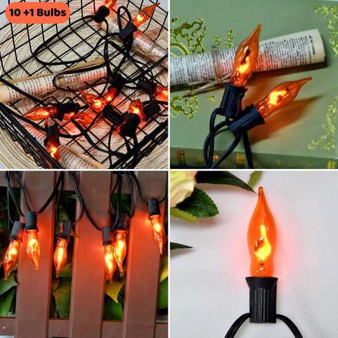 Fall Halloween Decorations Indoor Outdoor - Flickering Flame String Lights Orange Halloween Lights, 12.8Ft C7 Retro Twinkle Flame String Lights wi...