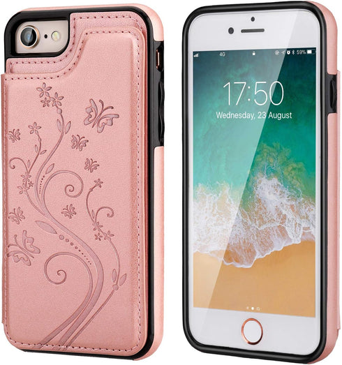 Vaburs Wallet Case for iPhone SE(2022) 5G/SE(2020)/7/8 with Card Holder, Embossed Butterfly Premium PU Leather Double Magnetic Buttons Flip Shockp...