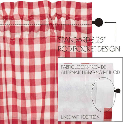 Farmhouse Red Country Buffalo Check Cotton Annie Kitchen Curtains Rod Pocket Hanging Loops 16x72 Valance...