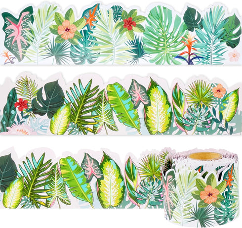 Bulletin Board Border Green Plant Tropical Die-Cut Rolled Two-Sided Printed Palm Tree Leaves Back to School Border Trim Boho Paper for Classroom D...