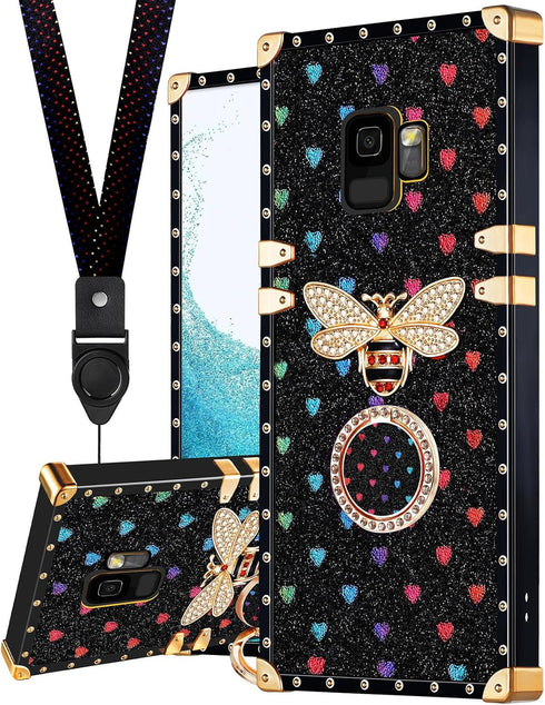 Loheckle for Samsung Galaxy S9 Case for Women, Designer Square Cases for Galaxy S9 Case with Ring Stand Holder and Lanyard, Stylish Bees Luxury Co...