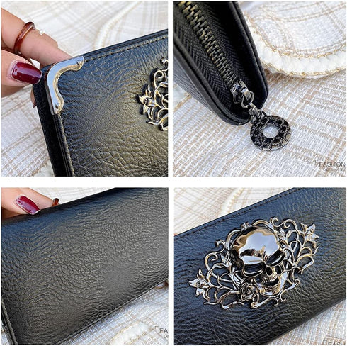 HOYOFO Skull Wallets for Women Zip Around Clutch with Credit Card Holder Phone Case Leather Long Goth Wallet Purse with Wristlet, Black...