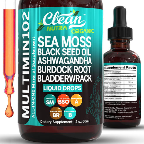Clean Nutraceuticals Sea Moss Liquid Drops Supplement with Black Seed Oil Ashwagandha Burdock Root & Bladderwrack - Multimineral Organic Non-GMO V...