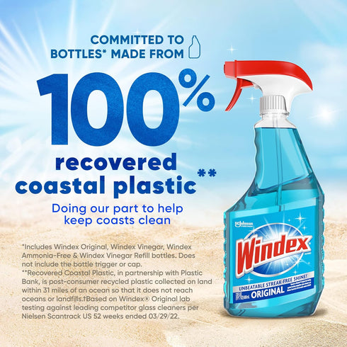 Windex Glass and Window Cleaner Spray Bottle, Bottle Made from 100% Recovered Coastal Plastic, Original Blue, 23 fl oz (Pack of 2)...