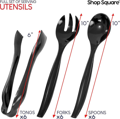 Disposable Plastic Serving Utensils - Set of 18 Black Plastic Utensils, 6 Each 6" Serving Tongs, 10” Serving Spoons, 10” Serving Forks, Buffet Ser...