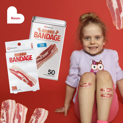 BioSwiss Bandages, Bacon Shaped Self Adhesive Bandage, Latex Free Sterile Wound Care, Fun First Aid Kit Supplies for Kids, 24 Count...