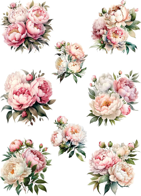 Peony Bouquet Rice Paper, 11.5 x 16 inch - 8 Unique Peony Decor Bouquet Images Printed on 36gsm Mulberry Paper Visible Fibres for Decoupage Furnit...