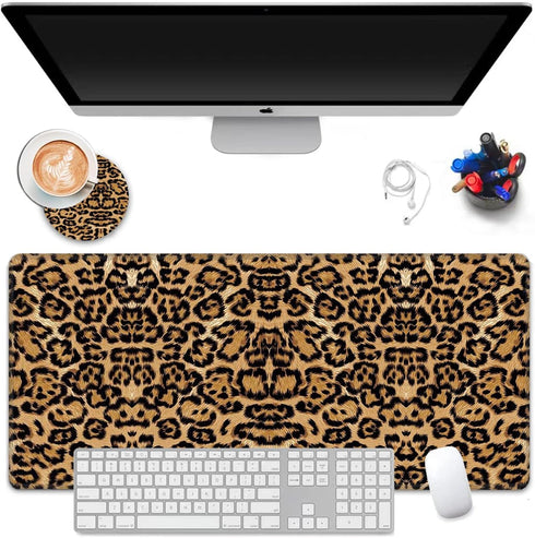 Extended Gaming Mouse Pad with Stitched Edges,Large Non-Slip Rubber Base Mousepad,for Studying Working Office Home,Coffee Cup Coasters,Leopard Pri...