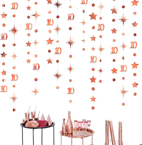 Rose Gold 10th Birthday Decorations Number 10 Circle Dot Twinkle Star Garland Metallic Hanging Streamer Bunting Banner Backdrop for Girls Boys Ten...