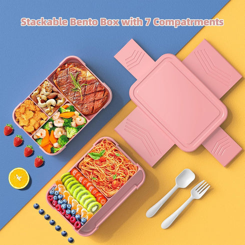 Bento Box Lunch Containers for Kids, Adult - Stackable Lunch Box with Utensil Set & 7 Compartments, 50oz/1500ml, 100% Leak-proof, BPA-free, Microw...