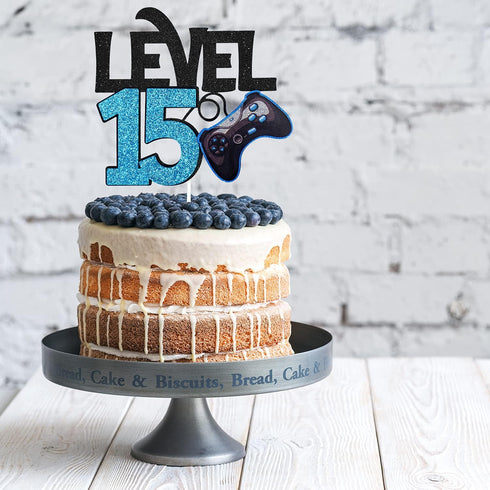 Level 15 Game Birthday Cake Topper - Video Game Boy's 15th Birthday Level Up Party Blue Cake Supplies - Game On Winner Gaming Party Decoration...