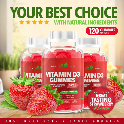 Vitamin D3 5000IU / 10,000IU Gummies for Adults & Kids (120 Count) - Immune System, Bone & Joint Support - Gluten-Free, Non-GMO, 100% Vegetarian, ...