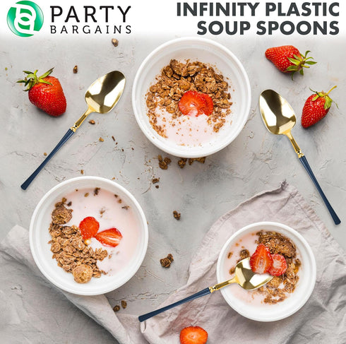 Party Bargains Disposable Plastic Navy Gold Soup Spoons, Infinity Modern Design Utensils, 40 Pack...