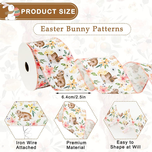 AnyDesign Easter Wired Edge Ribbon Spring Floral Bunny Wired Ribbon Watercolor Easter Rabbit Flower Fabric Craft Ribbon for Gift Wrapping Floral A...