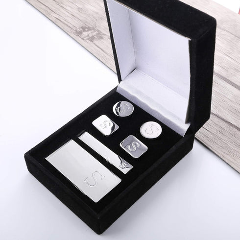 JOERICA 6 PCS Engraved Initial Cufflinks Tie Bar Money Clip Set Shirt Alphabet Letter Wallet Tie Clip and Cufflink Set...