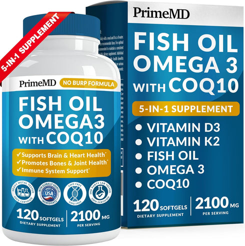 5-in-1 Fish Oil Omega 3 Supplements with Vitamins D3 & K2 and CoQ10 - DHA EPA Omega 3 Fish Oil Supplements - Lemon Flavored Omega 3 Fatty Acid Sup...