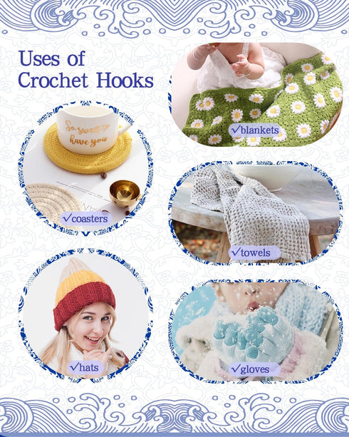 Coopay 8pcs Crochet Hook, Blue & White Porcelain Pattern Ergonomic Handle Crochet Needles for Crocheting, Anti-Slip Design and Premium Material, I...